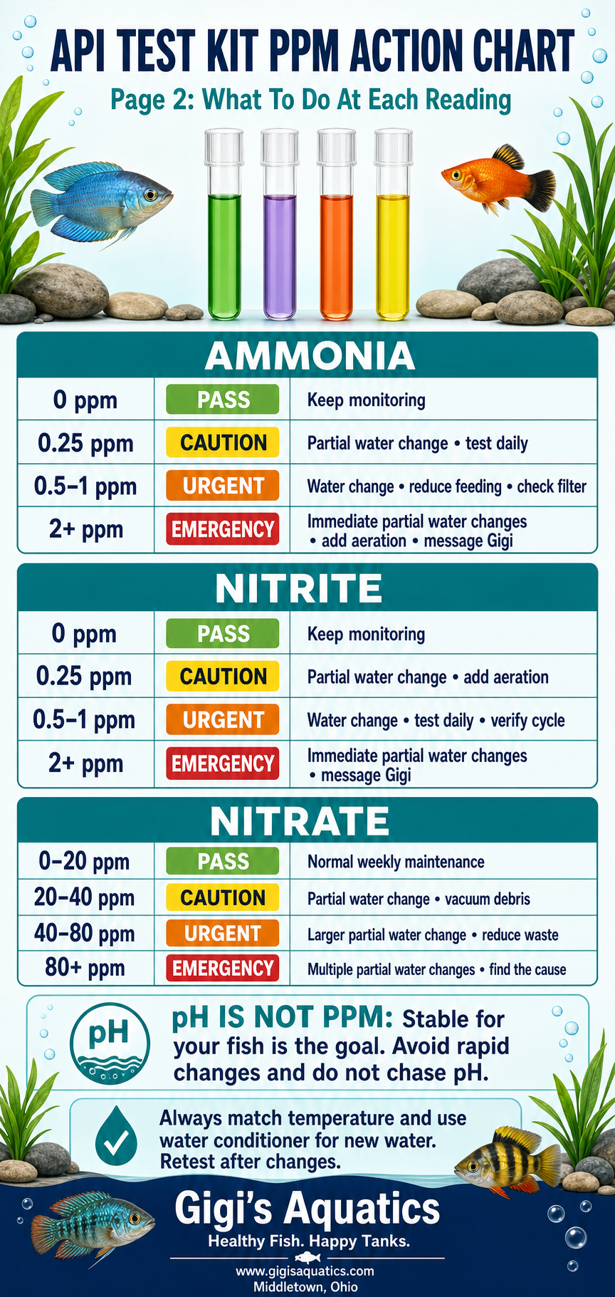 API Freshwater Master Test Kit ppm action chart for ammonia nitrite nitrate and pH