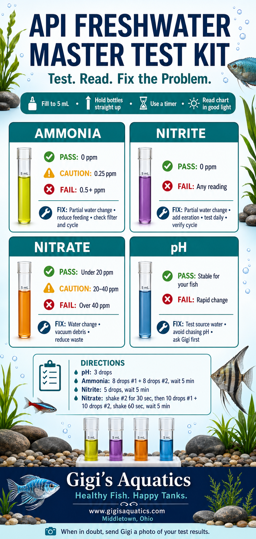 API Freshwater Master Test Kit poster with directions and action ranges