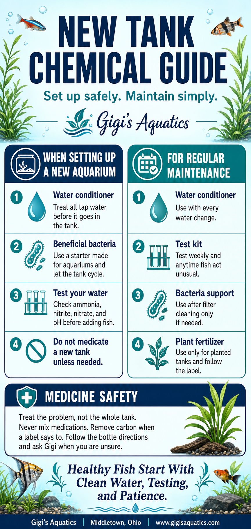 Infographic with freshwater aquarium chemical setup, maintenance, and medicine safety guidance