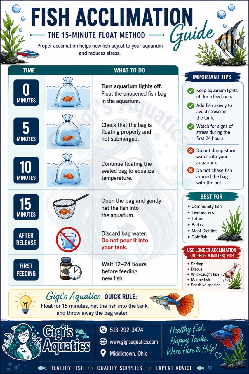 Infographic showing the 15-minute float method for acclimating new freshwater fish
