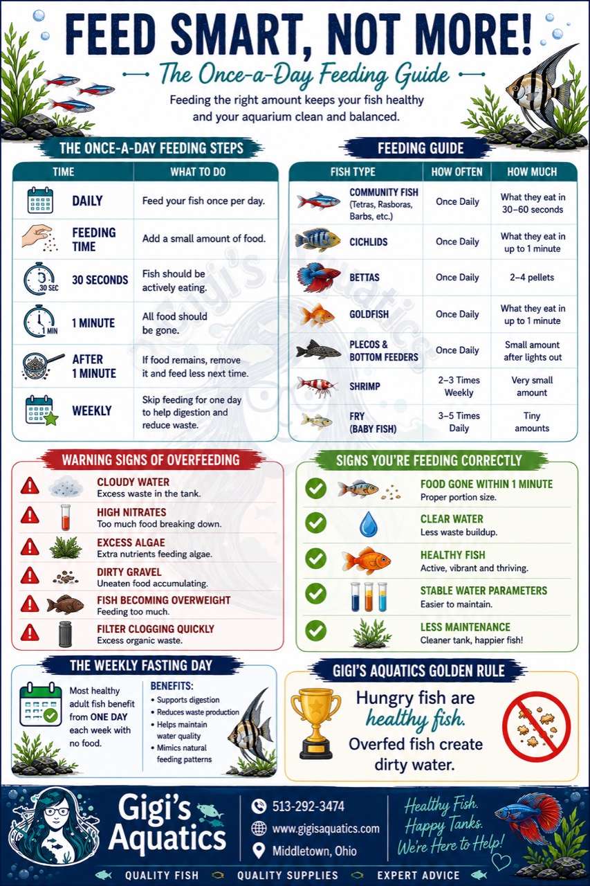 Infographic with freshwater fish feeding portions and signs of overfeeding