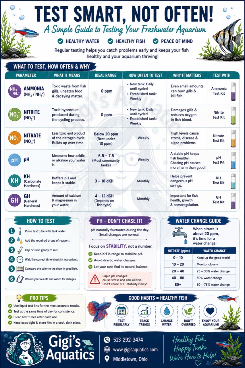 Infographic explaining freshwater aquarium water testing for ammonia nitrite nitrate pH KH and GH