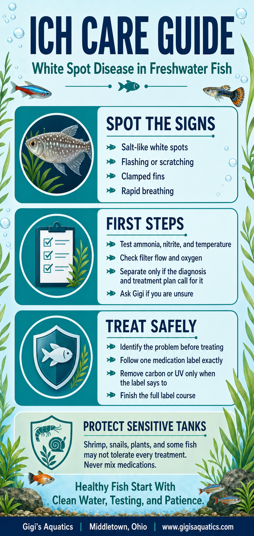 Ich and fish parasite care poster with symptoms, safe first steps, and sensitive tank warnings