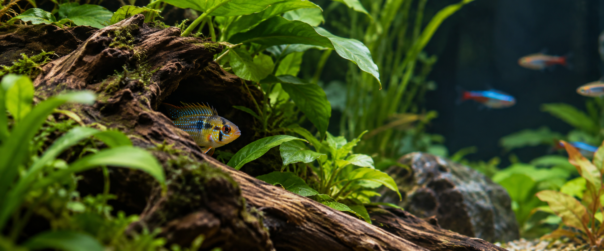 A newly introduced freshwater fish hiding safely among aquarium plants and driftwood